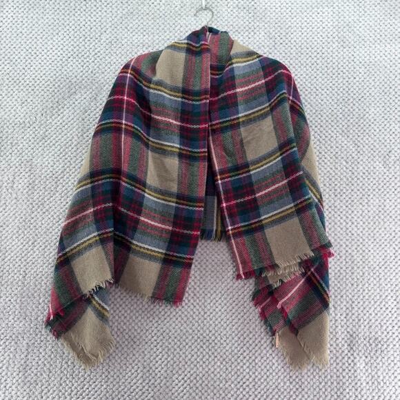Oversized Classic Plaid Cozy Fall Blanket Square Scarf Red Beige Fringe Trim - Picture 1 of 4